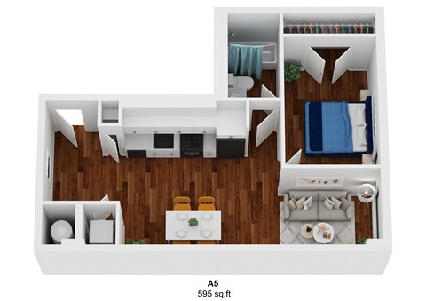 a stylized floor plan with a bedroom and a living room